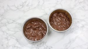 chocolate cake batter in two round cake pans.